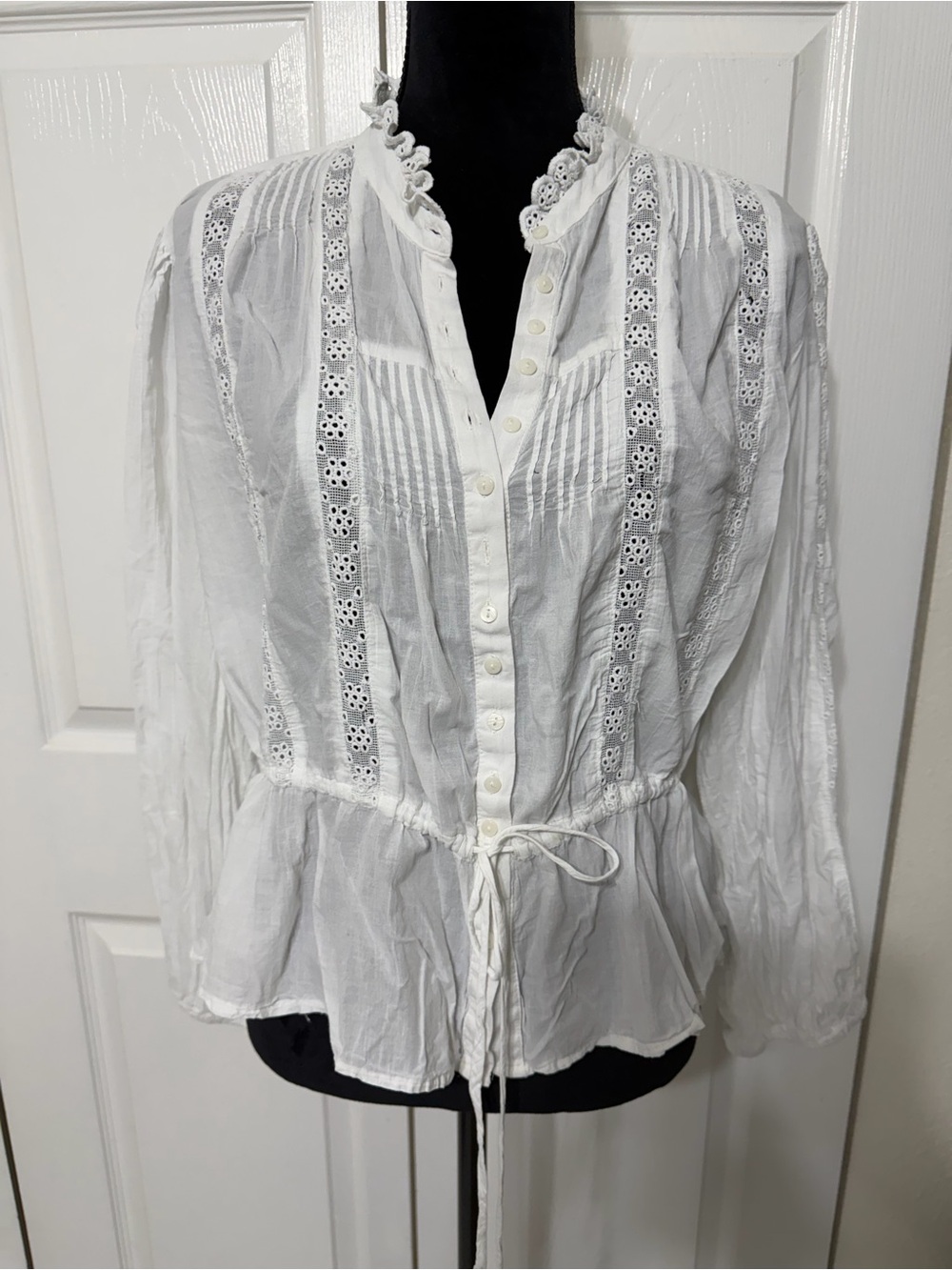 Free People Best of Me white blouse lace eyelet tie cinched waist size large